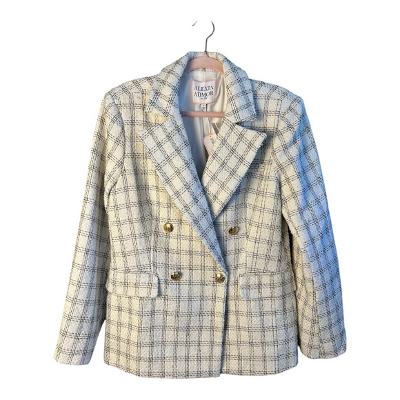 Alexia Admor Women's Ivory Plaid Checkered Farrah Tweed Blazer Size 12 - Picture 4 of 11